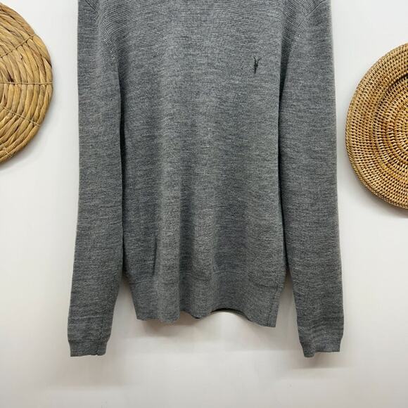 $159 All Saints Gray 100% Merino Wool Knit Crew Neck Ramskull Sweater Mens Large - Picture 5 of 7